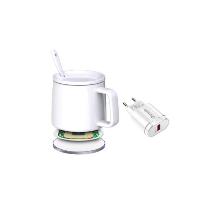 2 az 1-ben Qi vezeték nélküli töltőkészlet, magbst2, intelligens gyorstöltés, bögrével és vezeték nélküli fűtéssel, fehér, 18W