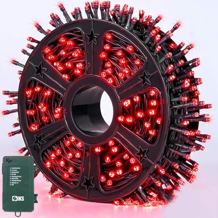 Instalatie de Craciun Liniara SIKS, Interior/Exterior, Rola 100m, 8 jocuri de lumini, Rosu, Fir Negru