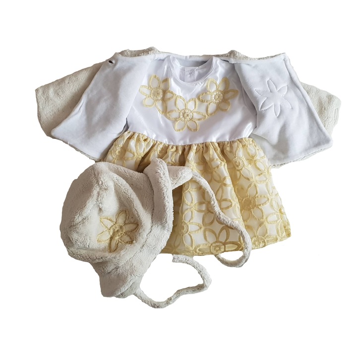 Rochie de botez cu blanita Handmade Minis Boutique, alb cu crem, 3-6 luni