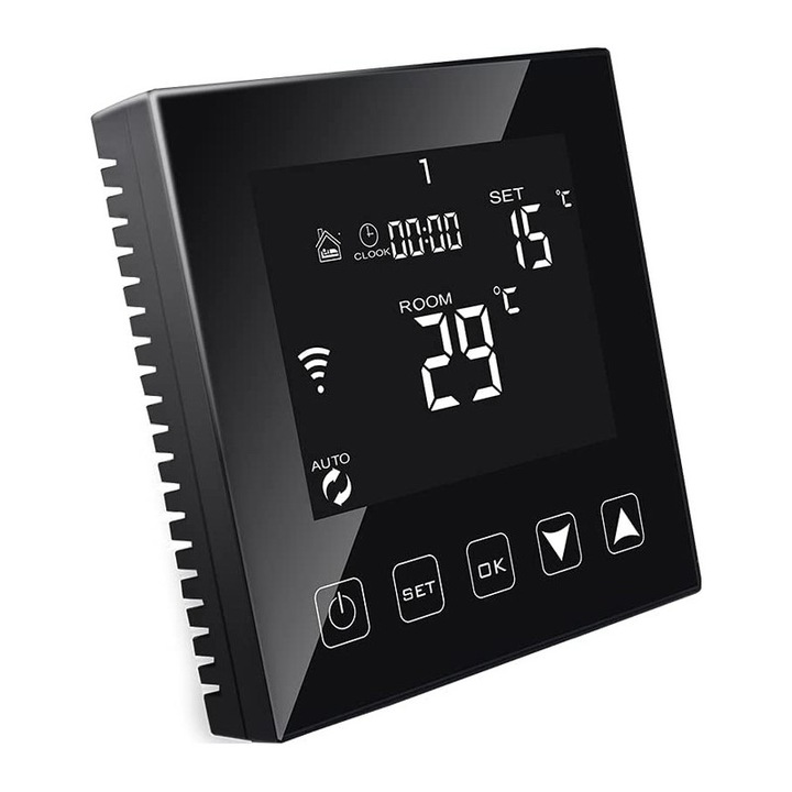 Termostat inteligent Wi-Fi pentru incalzirea termica, Sundiguer, display capacitiv, contact normal deschis 3A, Negru