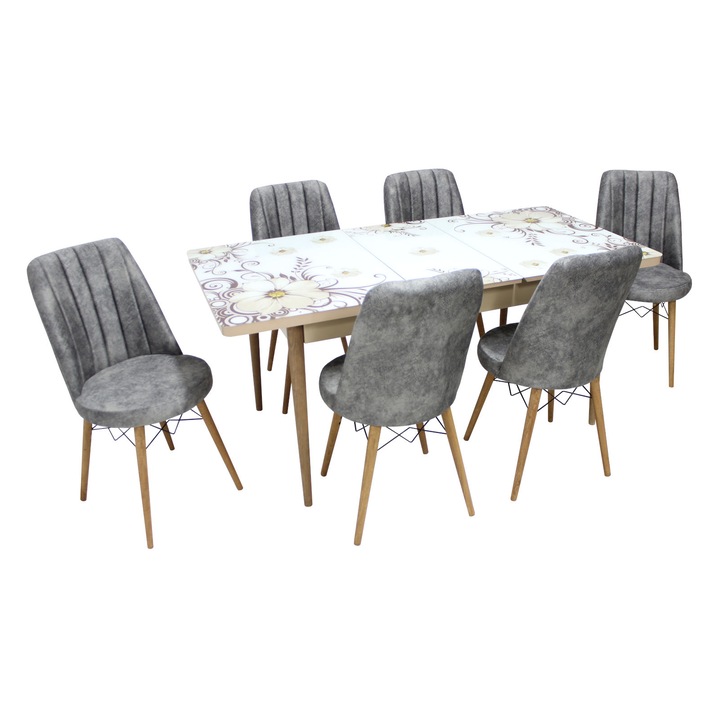Set masa extensibila Dalia cu 6 scaune Apollo, dreptunghiulara, blat din PAL si sticla securizata, picioare din lemn, tapiterie din material textil, gri deschis, 130x78x80 cm
