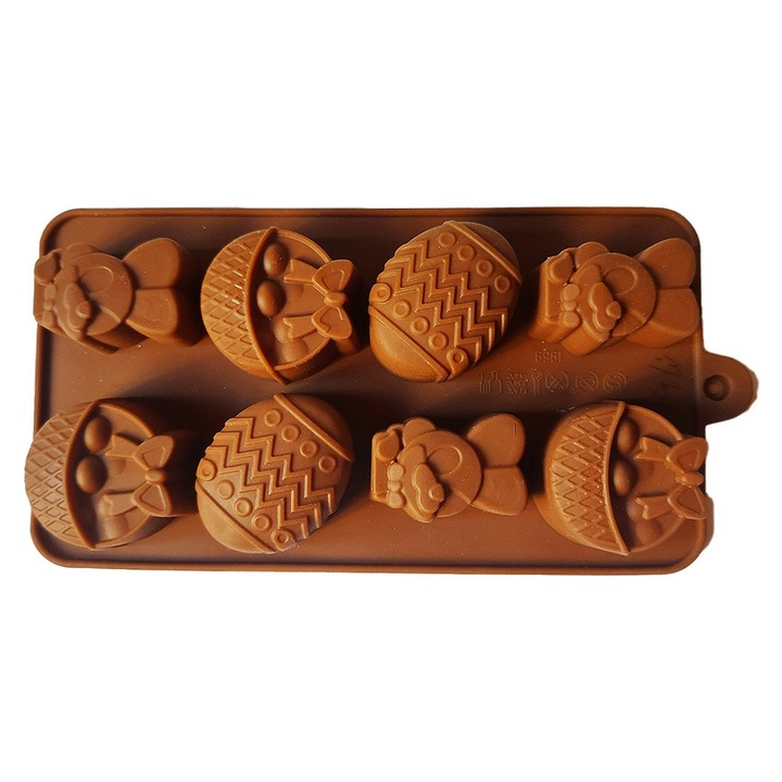 Forma silicon pentru bomboane, 8 cavitati, Iepurasi si oua, Maro, 20 cm, 262COF