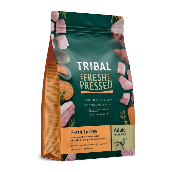 Hrana uscata pentru caini, Presata la rece, Hipoalergenica, Tribal Adult Curcan, 12kg
