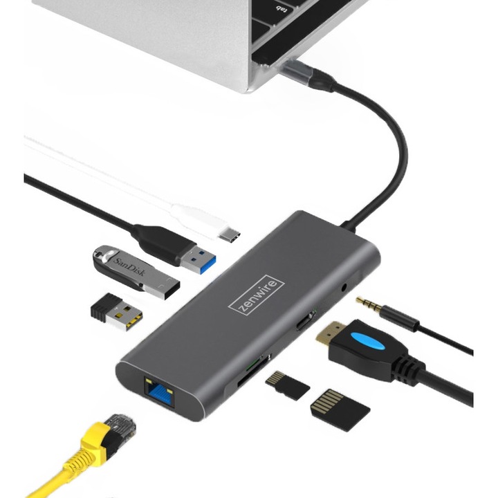 Адаптер 9в1 Хъб, Zenwire, USB-C Thunderbolt 3.0 (HDMI 4K 3x USB 3.0 Ethernet RJ-45 JACK SD PD) за Apple Macbook Pro Air M1, Dell, HP, Asus Zenbook