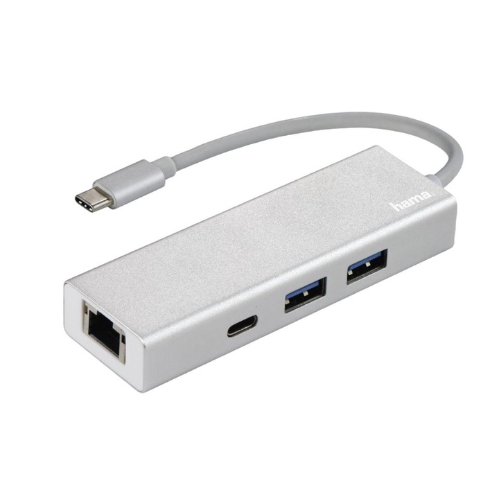 HUB Multiport, Hama, USB 3.2, USB TYPE-C, LAN 200108, Argintiu