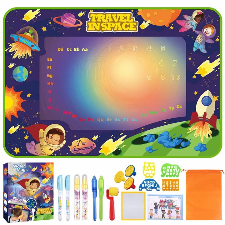 Set Jucarie educativa si interactiva, MorFansi, Joc Covorasul magic Aquadoodle copii, Desen cu apa si lumina, 100x70 cm, 2 stilou luminos si 1 geanta de depozitare, 3 ani+, Multicolor