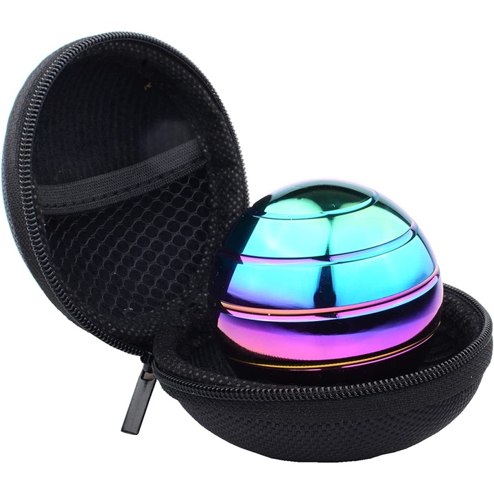 Jucarie de birou giroscop Premium, spinner, antistres, anxietate, ADHD, forma sferica, cu husa de depozitare, 54 mm, Aluminiu, Multicolor