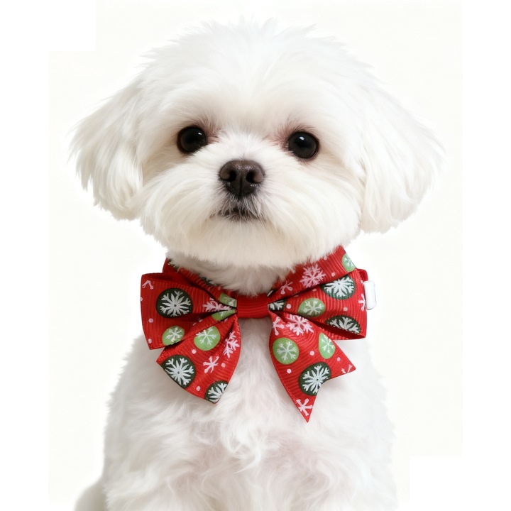 Zgarda cu fundita, pentru caini si pisici, cu fulgi de nea, material textil, 22-36 cm, Rosu