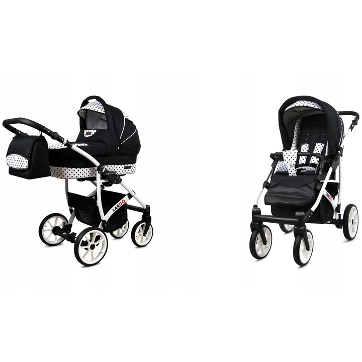 Детска количка BabyLux, Екологична кожа/Алуминий, Регулируема, Черен