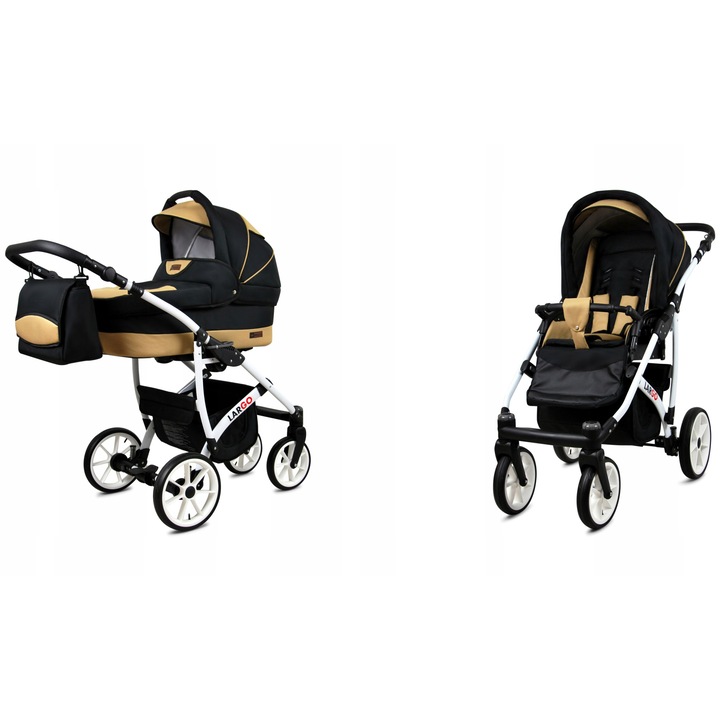 Carucior copii Baby Lux 3in1, sistem modular complet, cadru aluminiu usor, piele ecologica, reglabil, roti poliuretan, suspensie confortabila, negru auriu, sigur si elegant