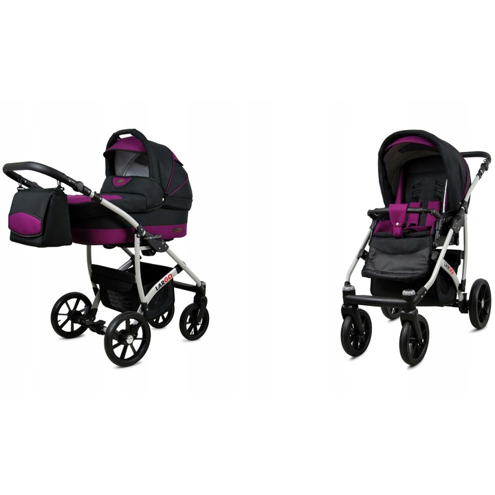 Carucior pentru copii 3 in 1 Baby Lux Piele ecologica Aluminiu usor Reglabil Rezistent Multifunctional cu Suspensie moale Roti pivotante Gondola Balansoar Siguranta Confort maxim Negru Violet