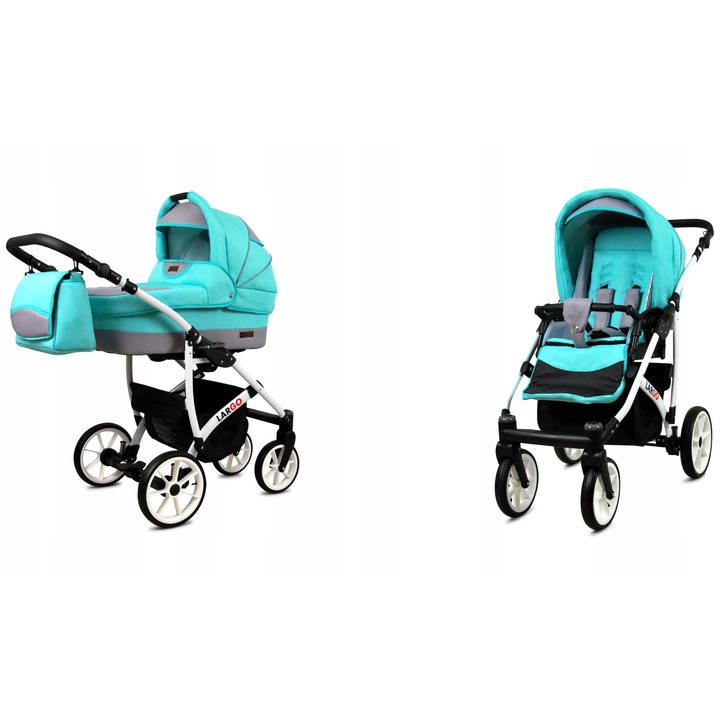 Carucior copii Baby Lux, 2 in 1, landou si parte sport, piele ecologica, cadru aluminiu, reglabil, suspensie moale, roti pivotante, centuri siguranta, culoare turcoaz, confort si siguranta bebelusului, rezistent