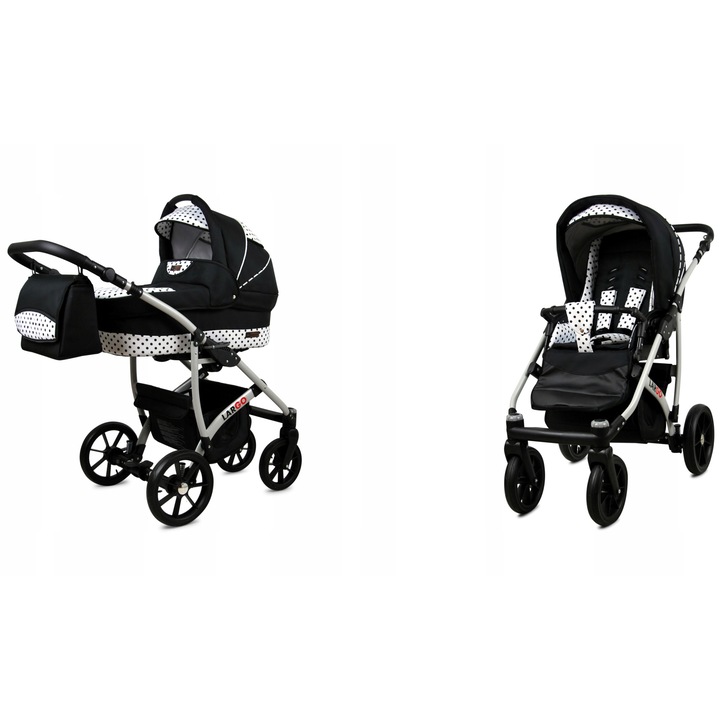 Carucior Copii Baby Lux Premium, Cadru Aluminiu, Piele Ecologica Negru Alb, Spatar Suport Picioare Reglabil, Siguranta 5 Puncte, Roti Pivotante, Confort Maxim pentru Bebelusi, Durabil, Pliabil, Usor de Manevrat, Anti-Soc
