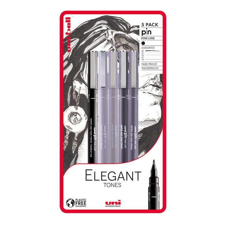 Комплект маркери за рисуване UNI PIN "Elegant Tones", 5 различни дебелини на линиите, 3 цвята