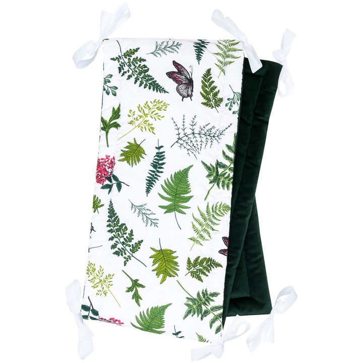 Protectie laterala pentru patut Bellochi Nature, bumbac, poliester, 180x30 cm, alb, verde