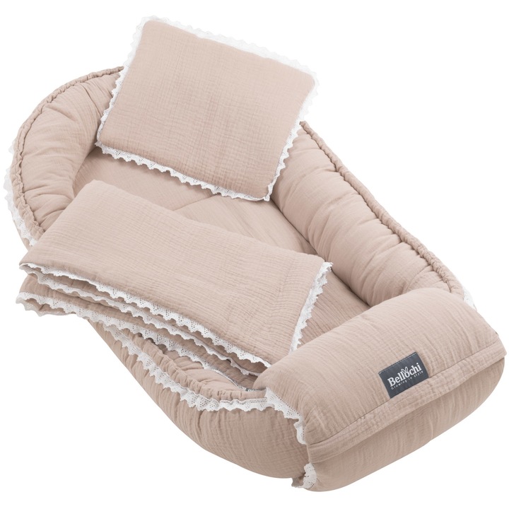 Set 4 piese Bellochi cosulet bebe, lenjerie, salteluta si perna bebe, Cuddly Muslin Beige, bej, muselina