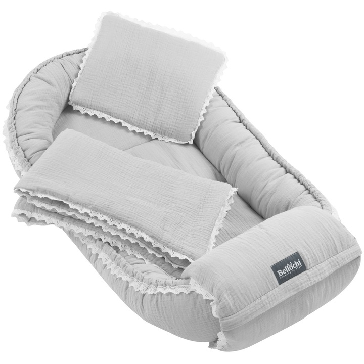 Set 4 piese Bellochi cosulet bebe, lenjerie, salteluta si perna bebe, Cuddly Muslin Gray, gri, muselina