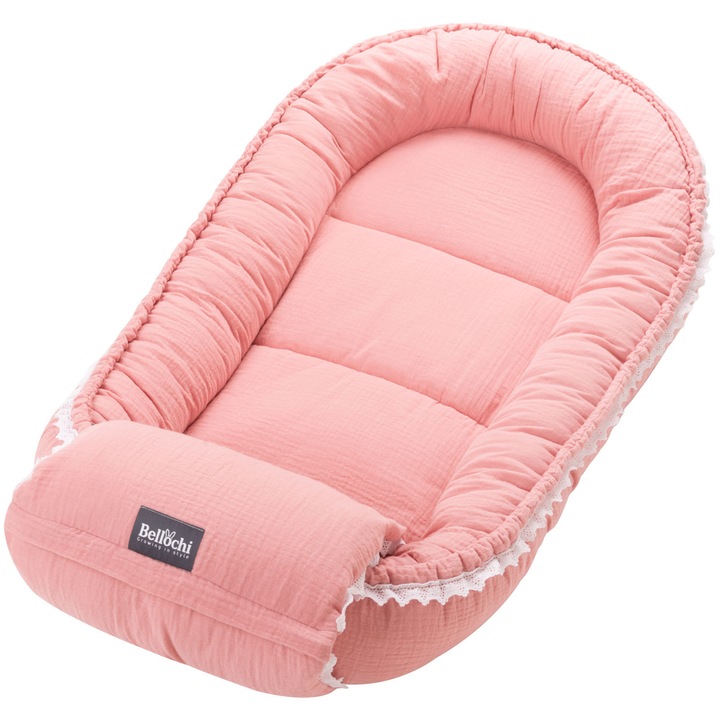 Cosulet bebelus pentru dormit Bellochi Baby Nest Cocoon XL 90x60 cm, Cuddly Muslin Pink, roz, bumbac, muselina