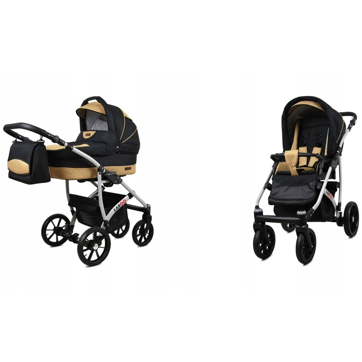 Carucior pentru copii Baby Lux, 2-in-1, Premium Confort, Cadru Aluminiu Usor, Piele Ecologica Rezistenta, Reglabil, Suspensie Moale, Roti Pivotante, Cos Pliabil, Negru/Bej Eleganta