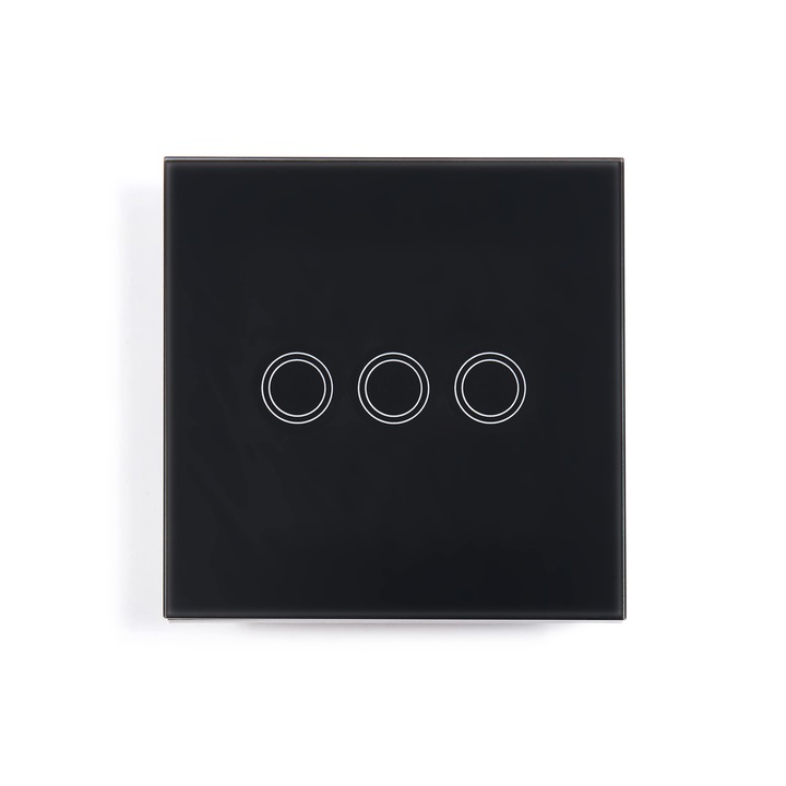 Intrerupator inteligent sticla tactil Bianka triplu, Lumenix, Sticla/Metal/Plastic, 3 module, WiFi, Control prin aplicatie, 86 x 86 x 26 cm, Negru