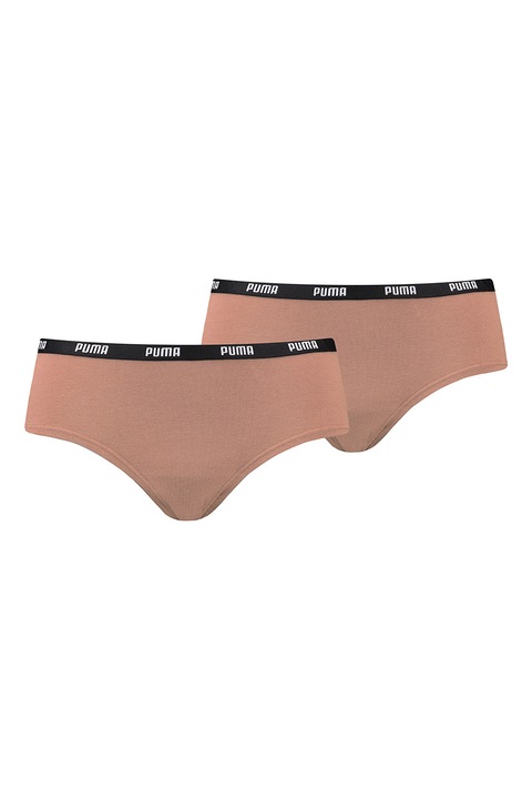 Puma, Set de chiloti hipster cu banda logo in talie - 2 perechi, Maro camel, S