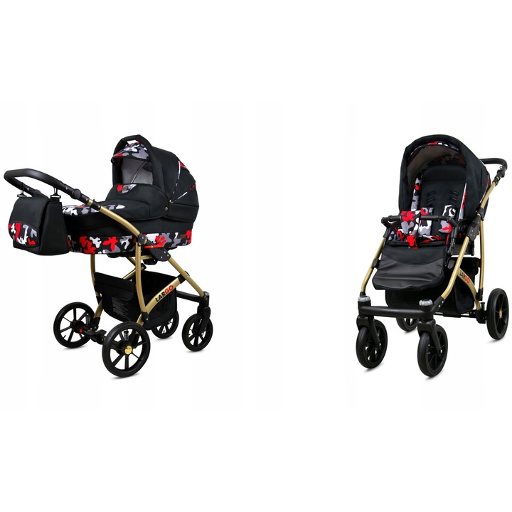 Carucior copii Baby Lux, Piele Ecologica, Aluminiu, Reglabil, Multifunctional 2-in-1, Suspensie Moale, Roti Poliuretan, Centuri 5 Puncte, Negru, Confort si Siguranta Optima pentru Nou-nascuti si Copii Mici, Design Modern si Rezistent