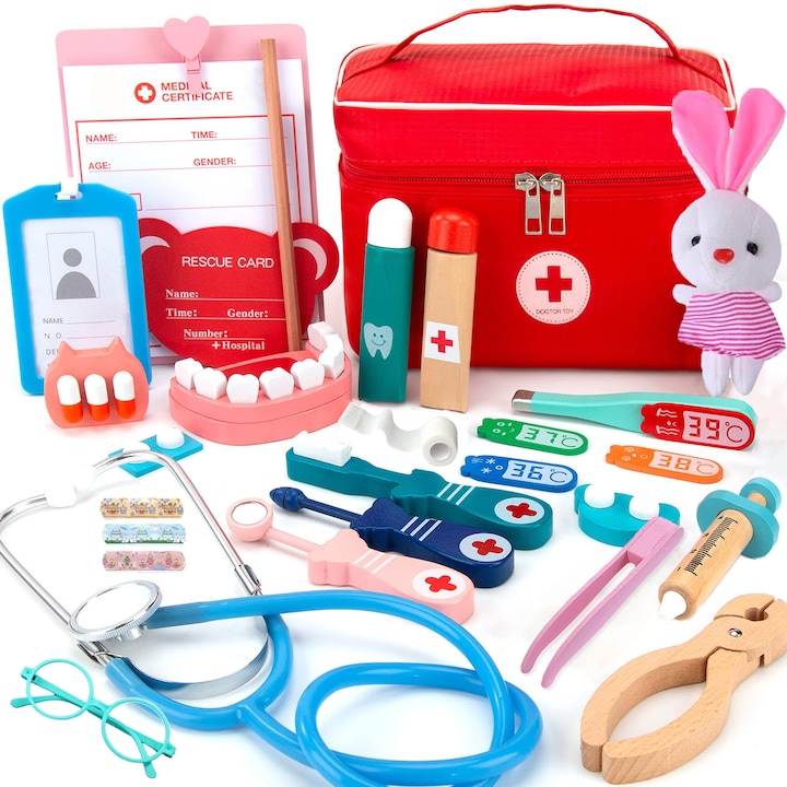 Set Joaca Doctor, din Lemn, BYONDSELF®, 27 Pieces, cu Trusa Medicala Copii, Stetoscop, Termometru, pentru Jocul de Rol al Medicului sau Dentistului, Cadou pentru Fete si Baieti, 3, 4, 5, 6 Ani, Multicolor