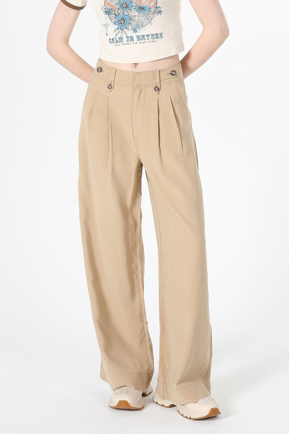 COLIN'S, Pantaloni cu talie inalta si croiala inalta, Bej deschis, 34-L32
