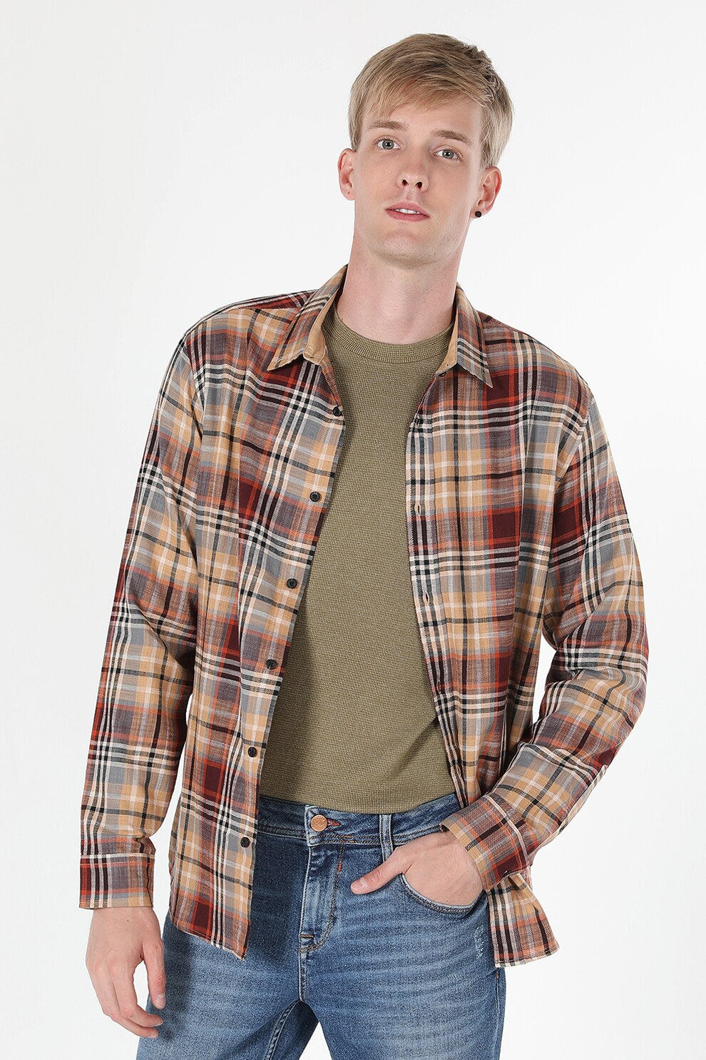 COLIN'S, Camasa de bumbac cu model in carouri, Maro nisip, Caramel, S