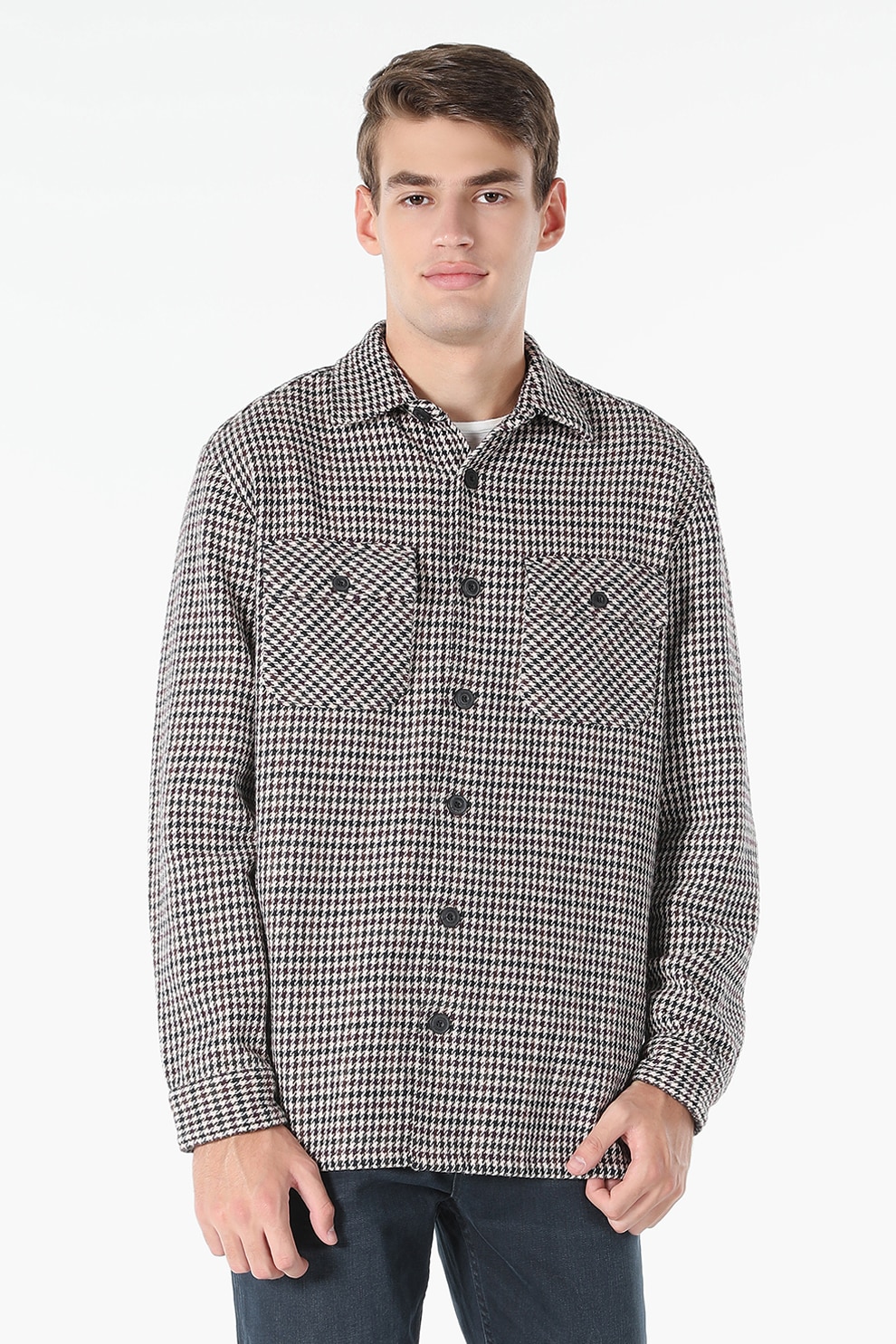 COLIN'S, Camasa cu imprimeu houndstooth si buzunare aplicate, Alb, Negru, S