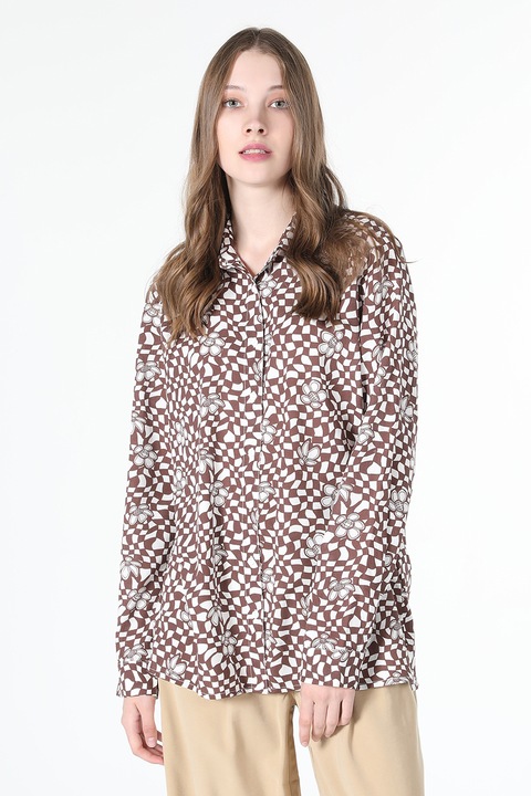 COLIN'S, Camasa cu imprimeu si guler ascutit, Alb/Maro