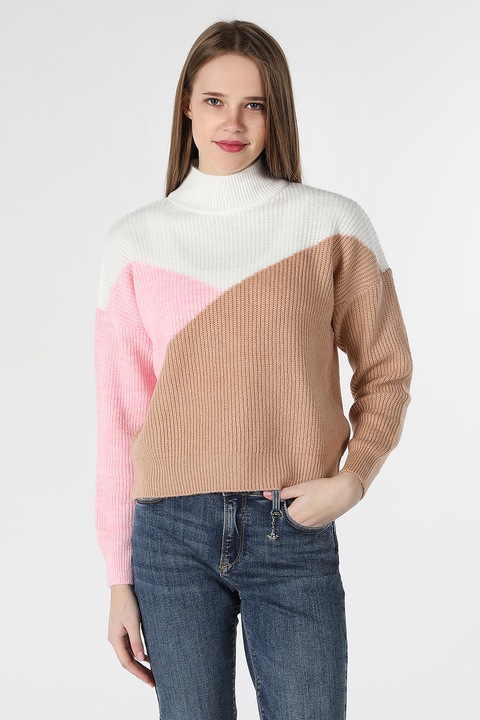 COLIN'S, Ejtett ujjúpulóver magas gallérral, Világosbarna/Rózsaszín