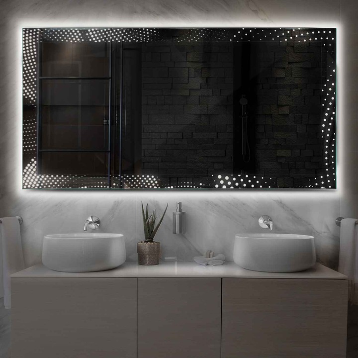 Oglinda LED 190x70 cm, LED Neutru 4000K, fara butoane touch, Model Reyze Simetria 8 Orizontala