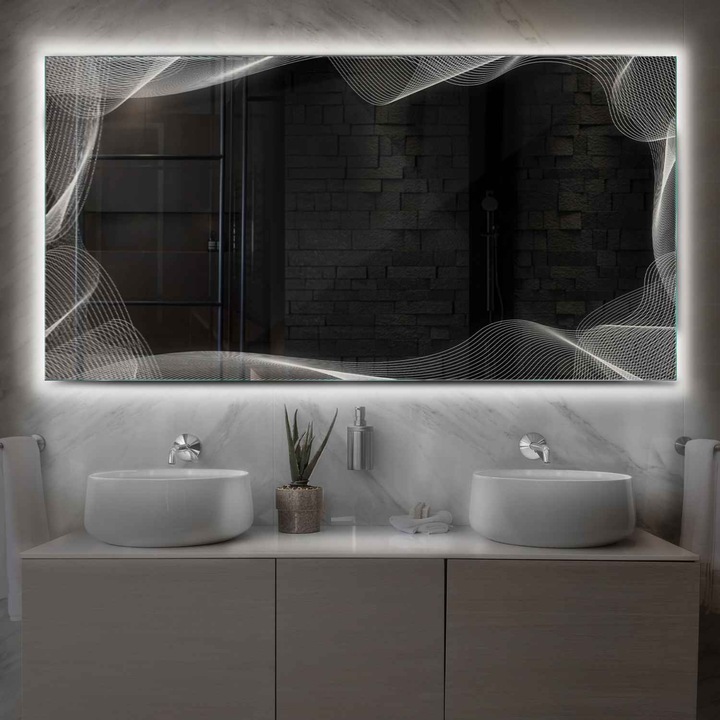 Oglinda LED 200x100 cm, LED Neutru 4000K, fara butoane touch, Model Reyze Simetria 3 Orizontala