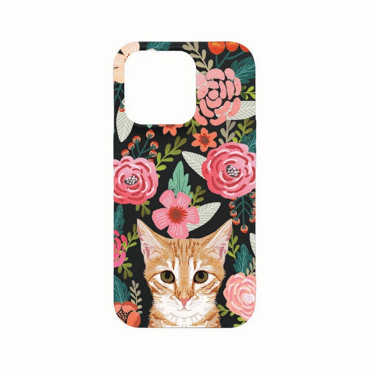 Husa Silicon, Compatibila Cu Apple iPhone 14 Pro Max, Cat and Flowers, rezistenta la uzura, Negru B 638