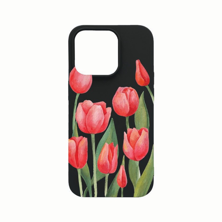 Husa Silicon, Compatibila Cu Apple iPhone 14 Pro, Red Tulips, rezistenta la uzura, Negru B 633