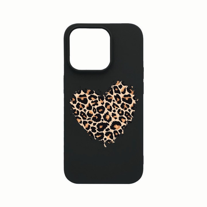 Husa Silicon, Compatibila cu Apple iPhone 14 Pro, Leopard Heart, rezistenta la uzura, Negru B 761