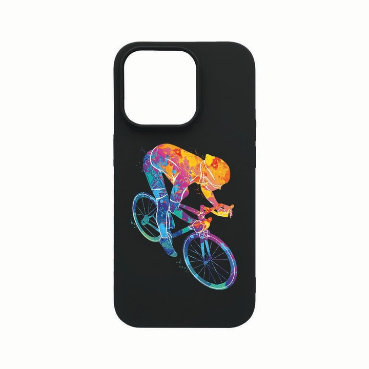 Husa Silicon, Compatibila cu Apple iPhone 14 Pro, Cyclist Colorful, rezistenta la uzura, Negru B 793