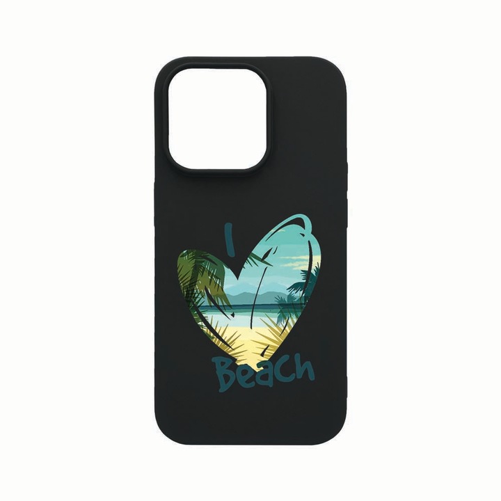 Husa Silicon, Compatibila cu Apple iPhone 14 Pro, I Love Beach, rezistenta la uzura, Negru B 835