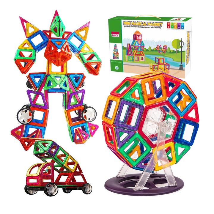 Set joc bloc magnetic, pentru copii, multicolor, 76 buc