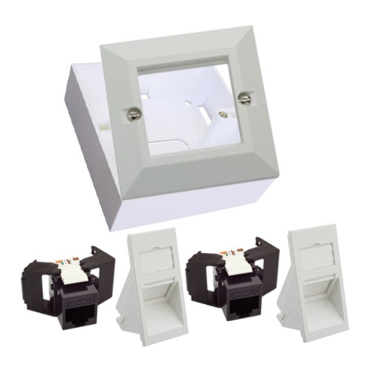 Priza dubla aplicata UTP Excel Networking Cat 5e, cuprinde back box, capac de praf, inclinata 45 grade