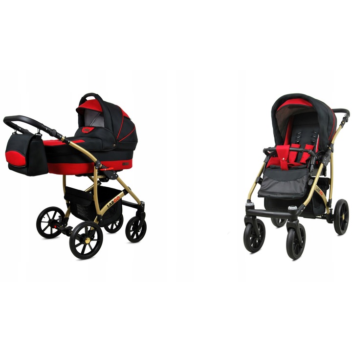 Carucior pentru copii 3 in 1 Baby Lux, design modern, sasiu aluminiu, roti pivotante, suspensii, piele ecologica, cos transport, pliere compacta, sistem siguranta 5 puncte, reglabil, negru/rosu, utilizare 0-36 luni