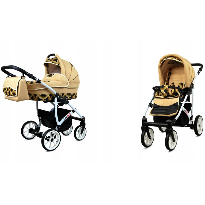Carucior pentru copii Baby Lux, tip 2 in 1 sport si landou, multifunctional, cu cadru din aluminiu usor, piele ecologica premium, reglabil confortabil, rezistent, culoare bej elegant