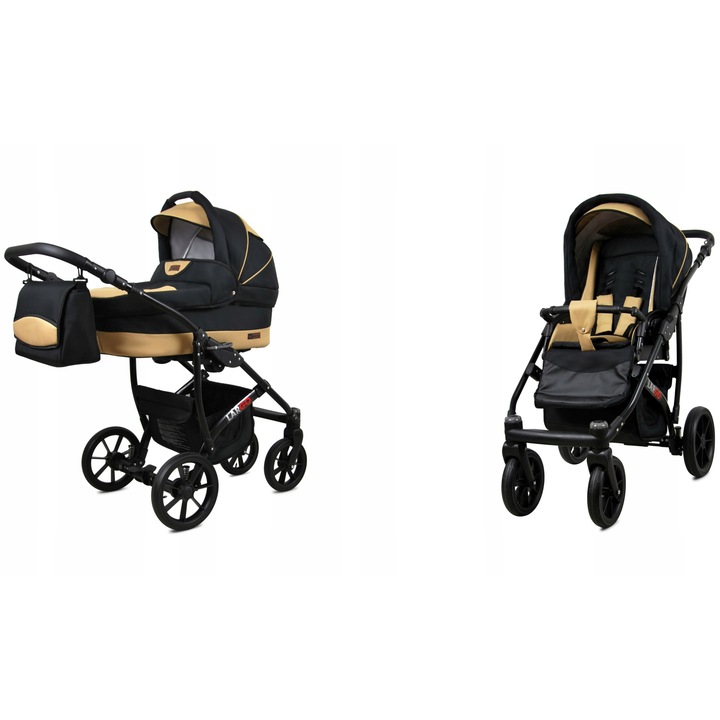 Бебешка количка BabyLux, Екологична кожа/Алуминий, Регулируема, Черен/Бежов