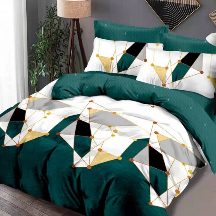 Lenjerie de pat dublu cu elastic, finet, 6 piese, 180x200 cm, Ralex Pucioasa, Forme geometrice HF6P85