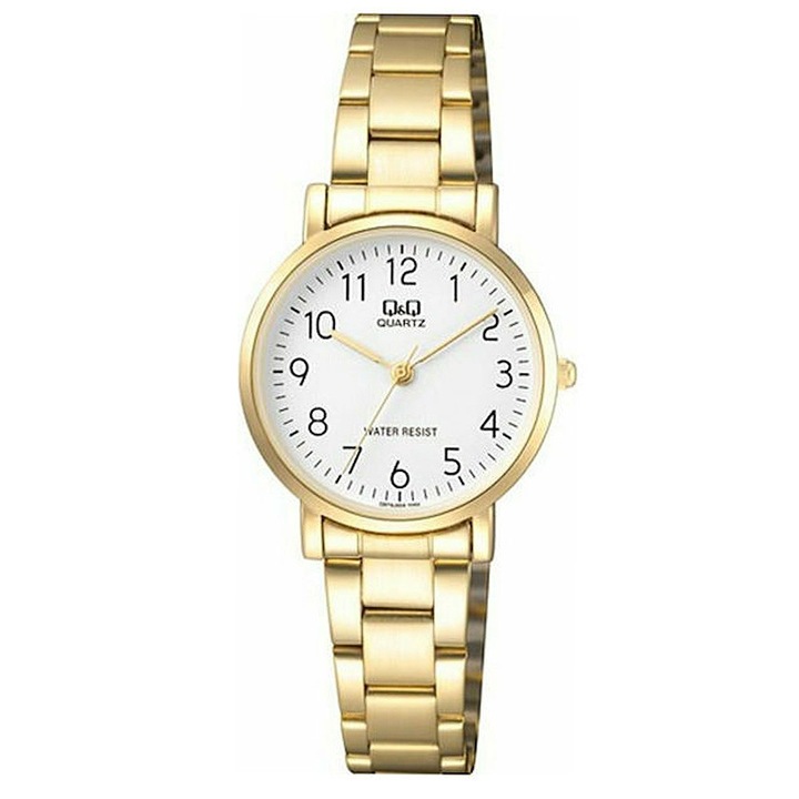 Q&Q női karóra, quartz, arany színű fémtok, arany színű acél karcsat, fehér színű arab számos számlap, Q979J004Y