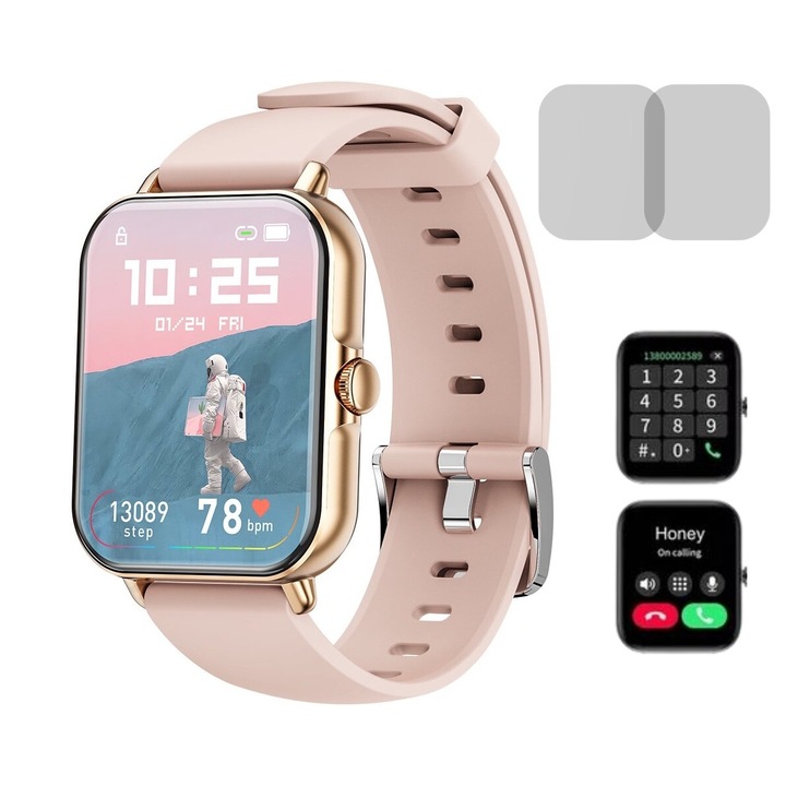 Часовник Smartwatch DT WATCH XII Always ON Display 1.9" Borderless 4D, Bluetooth HD разговори, AI гласов асистент, GPS следа, NFC контрол на достъпа, Мулти спортове, ЕКГ/HR/SpO2 монитор, Безжично зареждане, Мек силикон, SmartVibe, Gold Rose