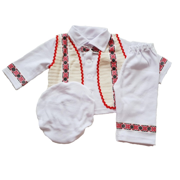 Costum botez traditional Handmade Minis Boutique, alb cu negru, 6-9 luni