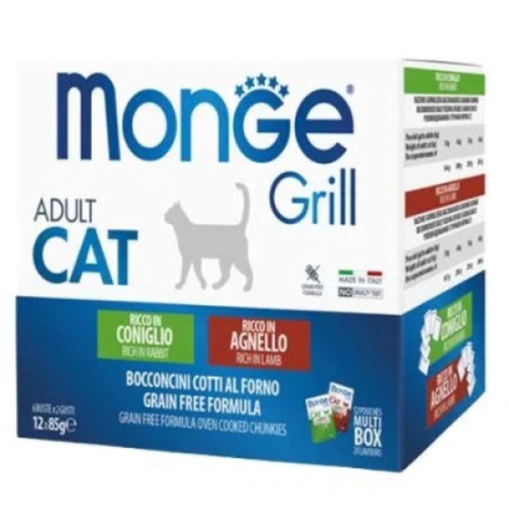 Multipack Monge Grill Chunkies Cat - Hrana umeda super-premium - Iepure si Miel - 12x85g