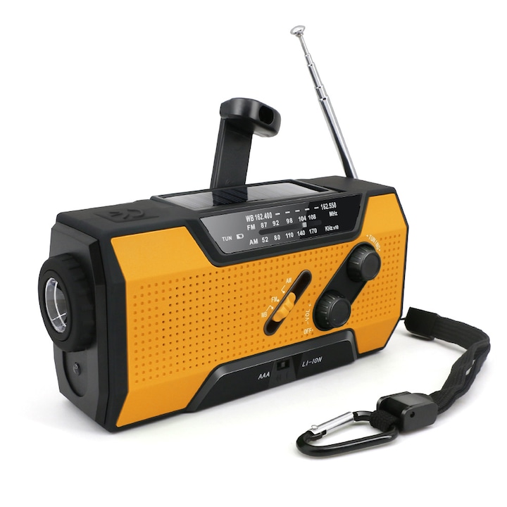 Radio meteo de urgenta, 20000mAh, Lanterna, AM/FM, LED, 15.7×5.3×7.4 cm, Portocaliu/Negru